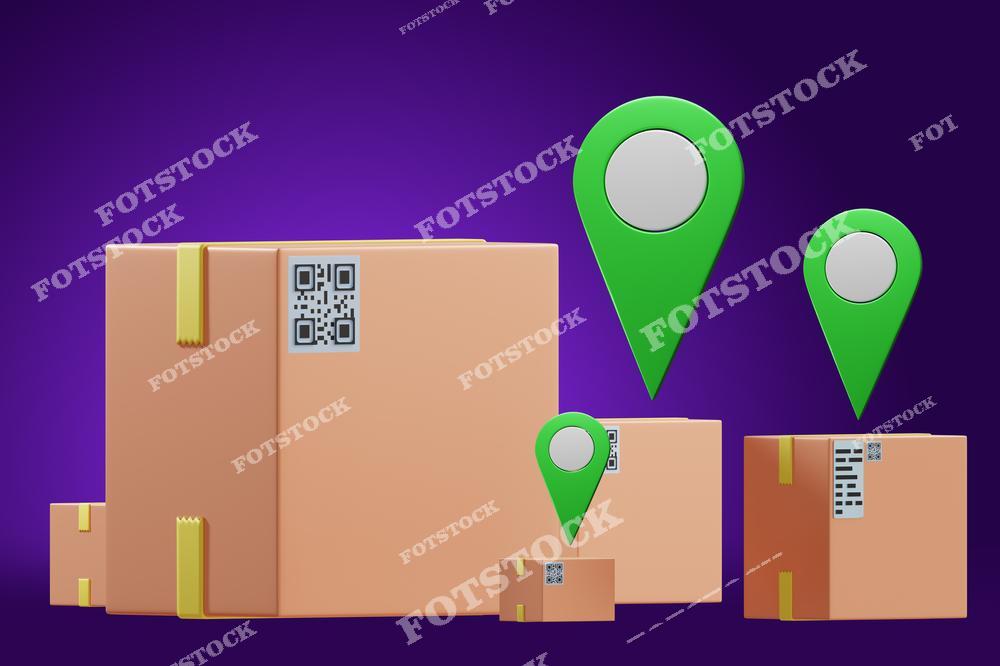 На изображении показаны картонные коробки с QR-кодами и геометками, символизирующие посылки, готовые для доставки. Эти посылки подготовлены почтовой службой для отправки покупателям. Почтовые ящики на фиолетовом фоне подчеркивают концепцию удобства заказа товаров с доставкой прямо на дом, с акцентом на современные технологии отслеживания и логистику.