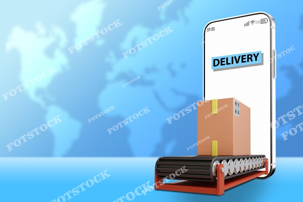На изображении показан смартфон с надписью «DELIVERY» на экране, из которого выходит конвейер с картонной коробкой. Фон выполнен в виде стилизованной карты мира, символизируя глобальную логистическую сеть и международные грузоперевозки. Фотография отражает концепцию автоматизации процессов доставки с помощью цифровых технологий.