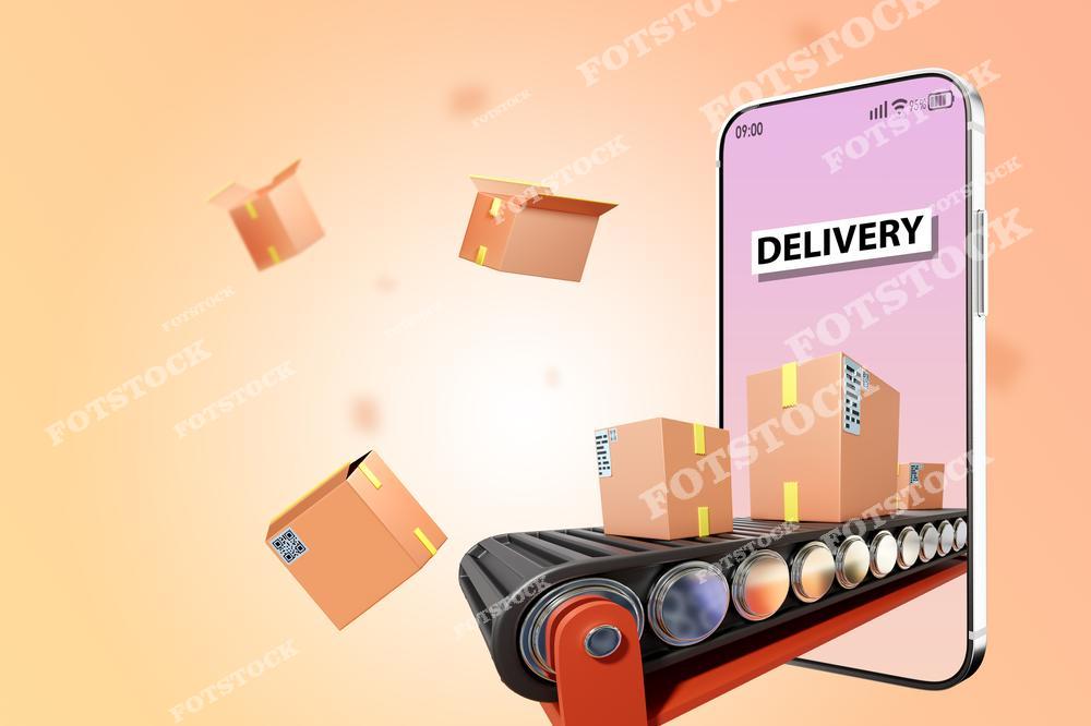 Концептуальная иллюстрация онлайн-доставки. Смартфон с надписью «Delivery» и движущиеся коробки на конвейерной ленте символизируют автоматизированный процесс логистики. Изображение передает удобство цифровых технологий в электронной коммерции.
