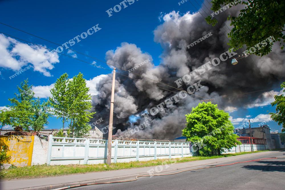 На фотографии видна улица с деревьями и забором, за которым поднимается густой черный дым от пожара. Ясное голубое небо контрастирует с темным дымом, усиливая визуальный эффект происшествия.