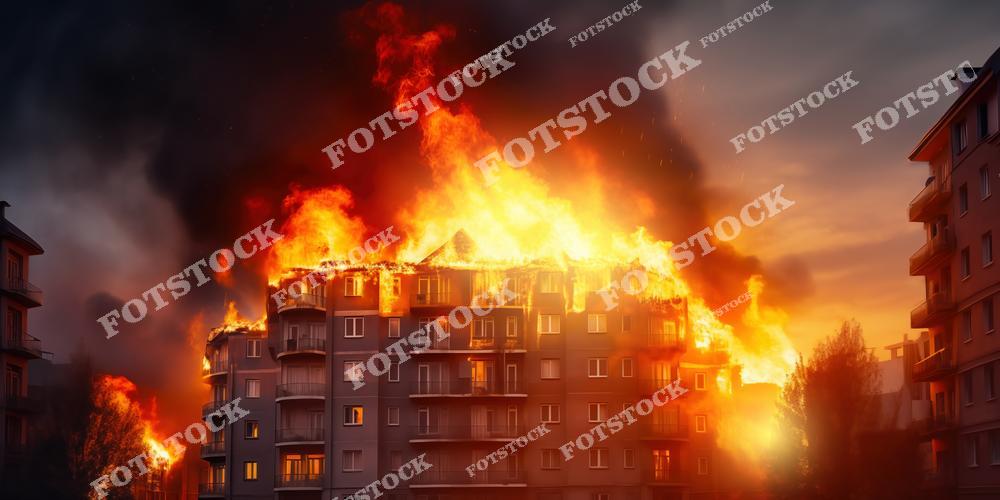 На фото изображен многоквартирный дом, полностью охваченный огнем. Пламя ярко освещает здание, создавая драматическую сцену на фоне густого черного дыма, символизирующего масштаб разрушения и опасность для жителей.