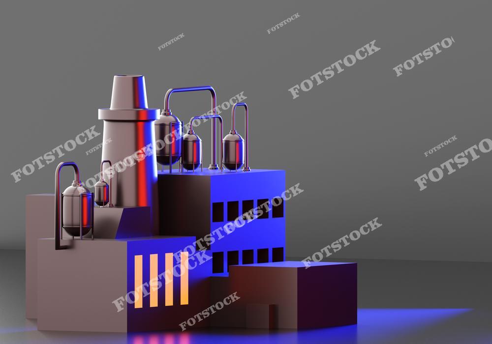 На изображении представлена стилизованная 3D модель завода с трубами, резервуарами и блоками зданий, выполненная в минималистичной форме. Неоновое освещение в синих и оранжевых оттенках придаёт изображению футуристический вид. Сцена может использоваться для иллюстрации концепций промышленности, инженерии и производства.