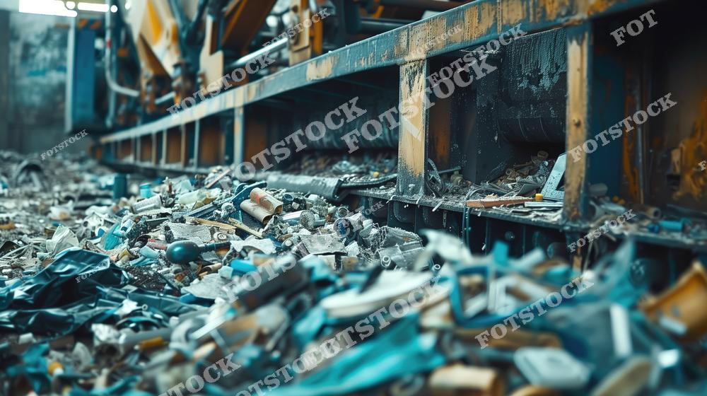 На фотографии показана груда металлического и пластикового мусора возле промышленного оборудования. Изображение демонстрирует этап подготовки отходов для переработки. Снимок подчеркивает важность переработки для снижения загрязнения окружающей среды.