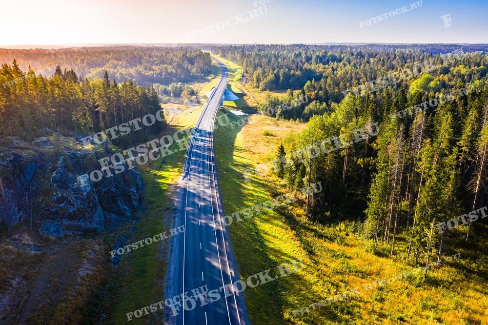 На фотографии изображена автомобильная дорога, проходящая через лесистую местность Карелии. Снимок сделан с высоты, что позволяет увидеть простирающуюся вдаль дорогу и окружающие леса.