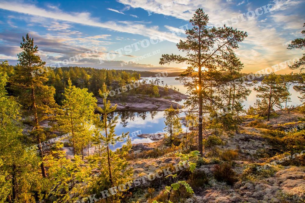 На фотографии изображен закат на Ладожских шхерах в Карелии. Лесистые берега и спокойная водная поверхность озера отражают закатное небо. Солнечные лучи пробиваются сквозь деревья, создавая красивый и спокойный пейзаж летнего вечера.