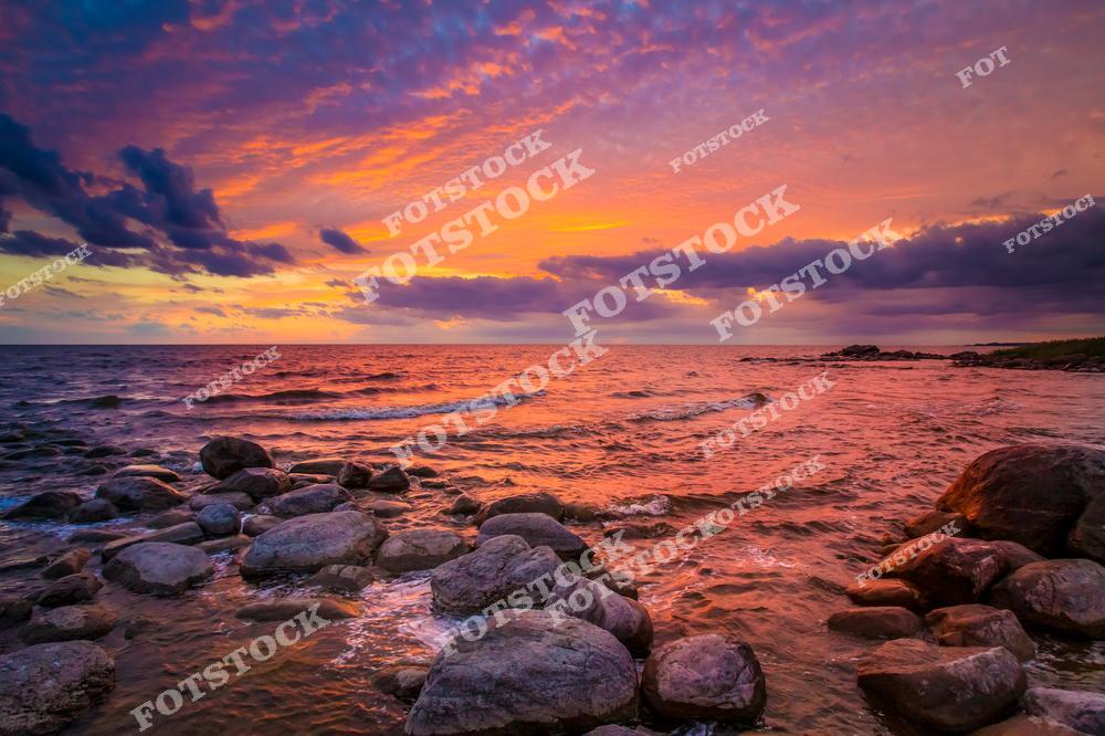 Фотография передает великолепие заката над Ладожским озером. Небо переливается яркими оттенками розового, оранжевого и фиолетового, отражаясь в воде. Каменистый берег добавляет фактурность пейзажу, а волны ласково омывают гладкие камни. Этот момент запечатлевает красоту северной природы, ее силу и спокойствие одновременно.