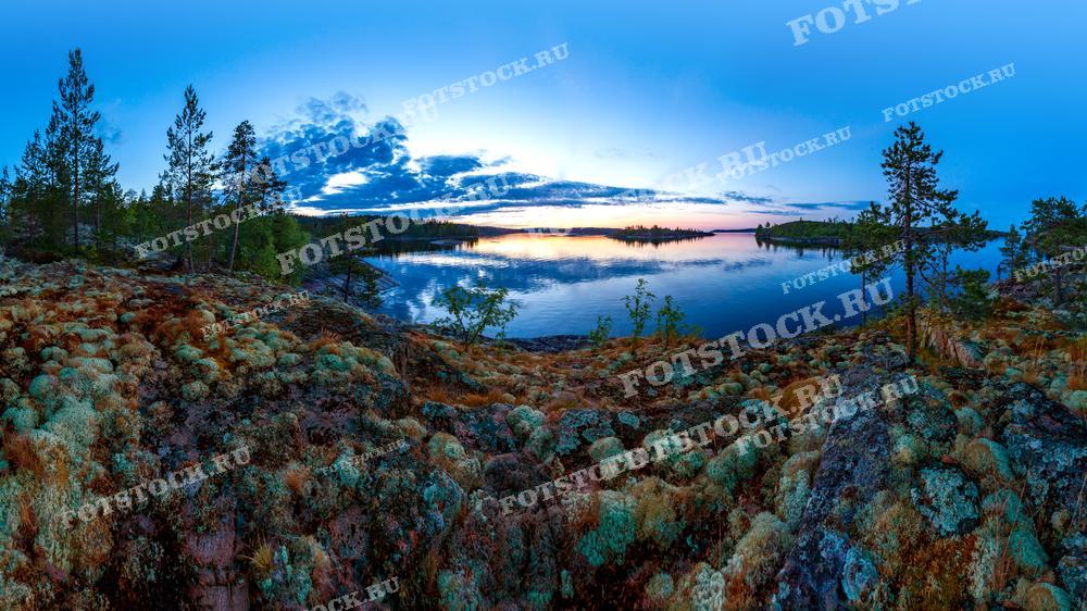 На данной панорамной фотографии изображен вечерний пейзаж одного из озер Карелии. На переднем плане видны шапки мха и кустарники, характерные для северной природы, а также несколько хвойных деревьев. Заходящее солнце окрашивает небо в насыщенные оттенки голубого и оранжевого, создавая отражение в спокойной водной глади озера. Это фото идеально подойдет для использования в статьях о природе, экотуризме, а также может служить источником вдохновения.