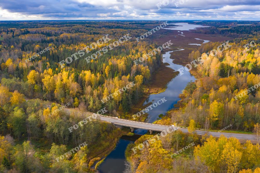 Фотография запечатлела осенний пейзаж Карелии с высоты птичьего полета. Лес, окрашенный в золотые и зеленые оттенки, простирается до горизонта, а извилистая река плавно течет через его просторы. Дорога с мостом пересекает водоем, соединяя природные массивы и подчеркивая гармоничное сочетание человека и природы. Это место привлекает путешественников своей красотой, особенно в осенний период, когда пейзаж становится особенно живописным.