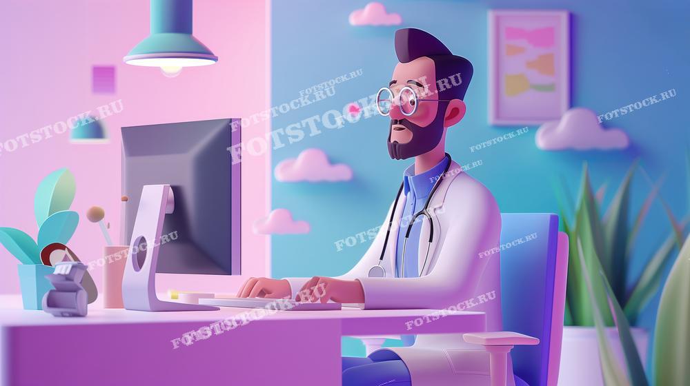 На изображении представлена 3D-иллюстрация врача, работающего за компьютером в современном офисе. Яркие и красочные элементы окружения подчеркивают технологический прогресс в медицине и использование цифровых технологий в медицинской практике.