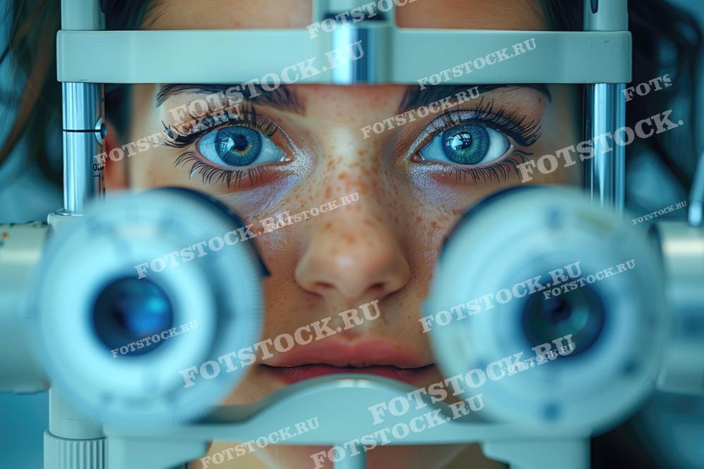 Фотография показывает молодую женщину, проходящую обследование зрения с использованием специального медицинского оборудования. Глаза женщины сфокусированы на приборе, что позволяет точно оценить состояние её зрения.