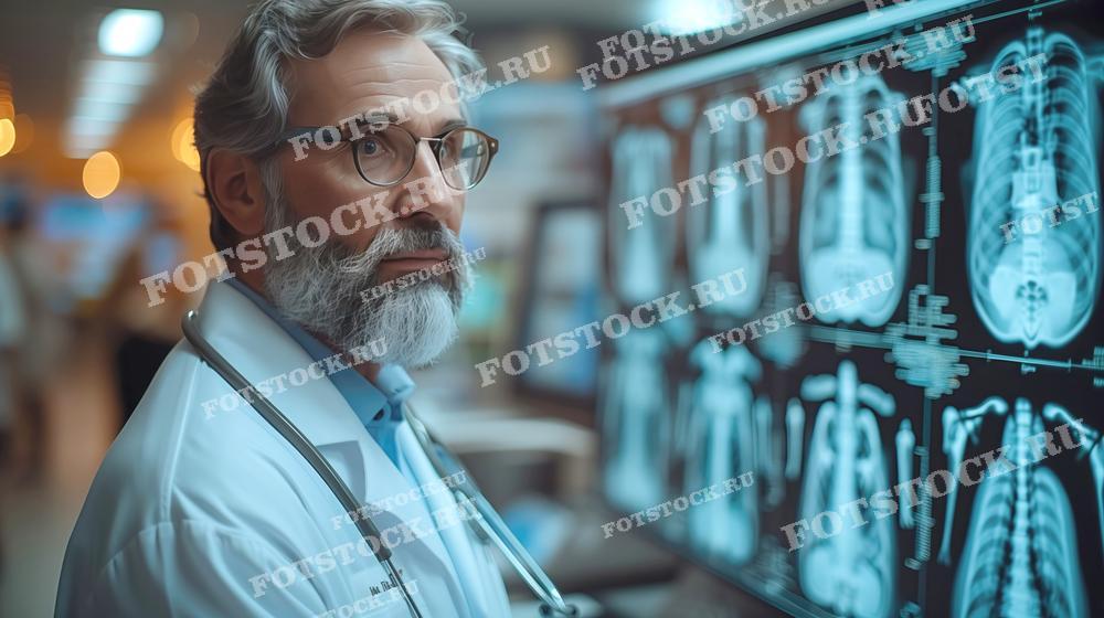 Фотография показывает врача, анализирующего рентгеновские снимки на экранах в медицинском центре. Врач сосредоточен на изучении изображений различных органов и систем, что позволяет точно диагностировать и лечить заболевания. Современные медицинские технологии обеспечивают высокий уровень диагностики и ухода за пациентами.