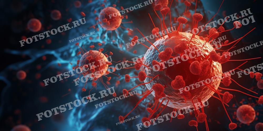 Фотография показывает визуализацию вирусных частиц под микроскопом в высоком разрешении. Видны детализированные структуры вирусов с их поверхностными элементами.