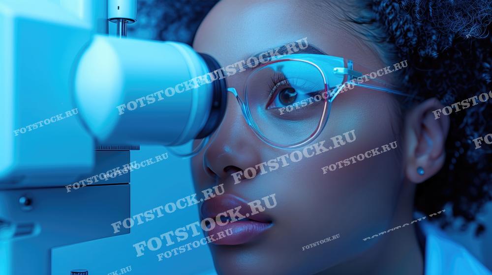 Фотография показывает молодую женщину, проходящую обследование зрения с использованием специального медицинского оборудования. Она носит очки, а прибор направлен на её глаза. Современные технологии позволяют точно диагностировать состояние зрения и выявлять возможные проблемы.