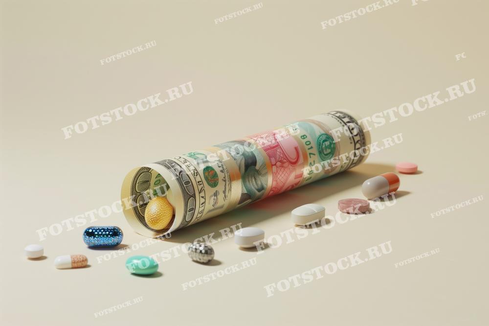 На изображении представлены скрученные купюры различных валют, из которых высыпаются различные таблетки и капсулы. Иллюстрация символизирует высокую стоимость медицинских препаратов и расходы на здравоохранение.