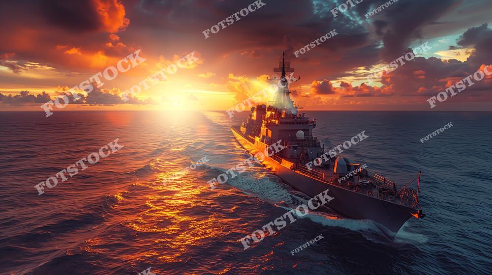 На фотографии изображён военный корабль, движущийся по морю во время яркого заката. Золотые отблески на воде и небе подчёркивают атмосферу спокойствия и мощи. Фотография символизирует силу, безопасность и технологии военно-морского флота.