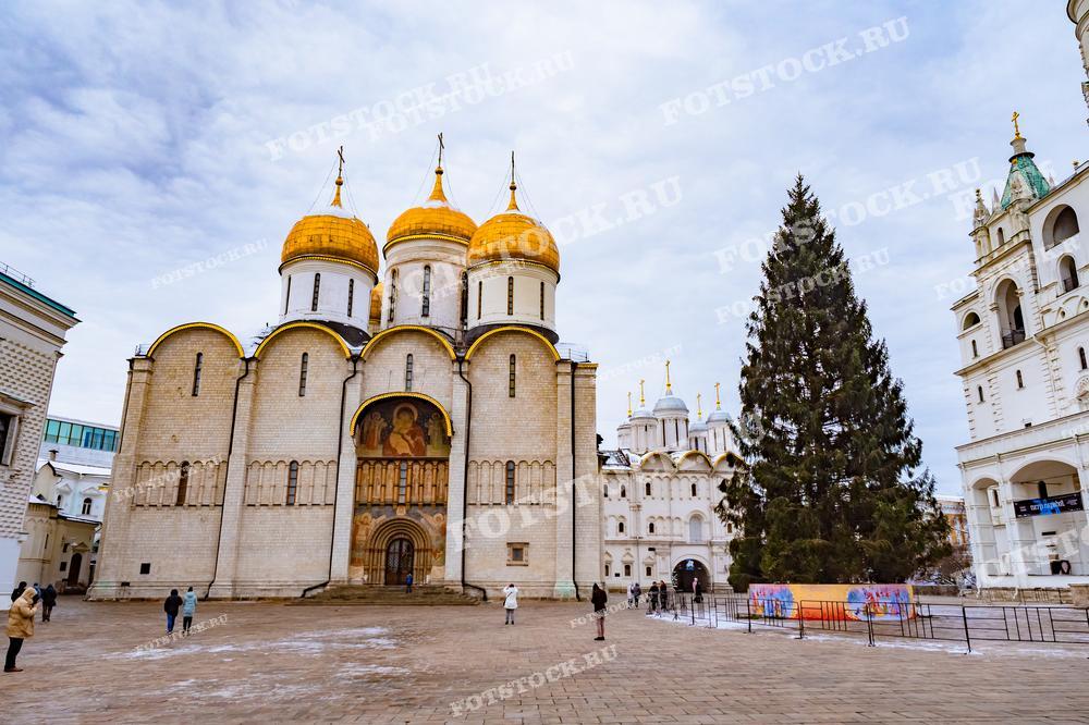 На фотографии изображен Успенский собор в Московском Кремле, украшенный золотыми куполами. Рядом с собором установлена большая новогодняя елка. Собор окружен другими кремлевскими постройками, включая Колокольню Ивана Великого, видную справа.