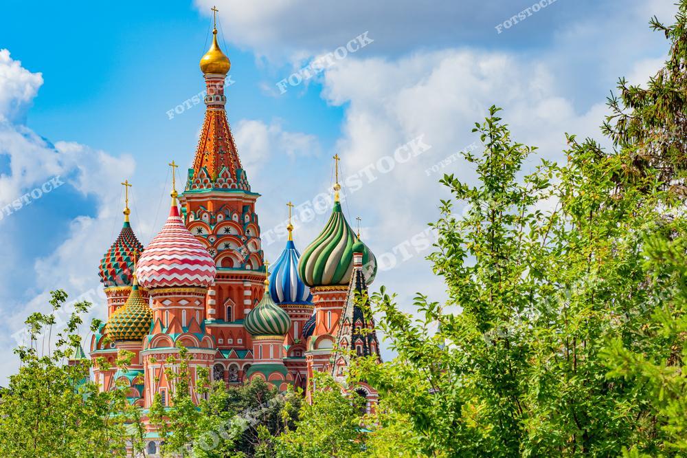 На фотографии изображён знаменитый Собор Василия Блаженного — один из главных архитектурных символов Москвы и России. Многоцветные купола возвышаются над кронами зелёных деревьев, создавая живописный контраст. Собор расположен на Красной площади и представляет собой уникальный пример русской архитектуры XVI века. Яркое дневное солнце и голубое небо подчёркивают богатую палитру фасада. Вид сквозь листву добавляет кадру ощущение уюта и летней свежести. Это место неизменно привлекает туристов со всего мира.