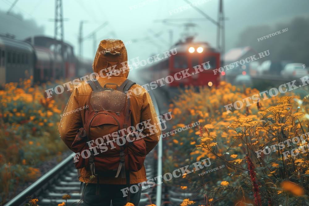 На фотографии изображен человек в желтом дождевике и с рюкзаком, стоящий на железнодорожных путях среди полей цветущих растений в туманную погоду. Вдалеке виден приближающийся поезд с включенными фарами. Этот момент может символизировать путешествие, приключения и размышления о жизни. Фотография идеально подойдет для использования в туристических журналах, статьях о самопознании и приключениях, а также в рекламных материалах для туристических агентств и производителей одежды.
