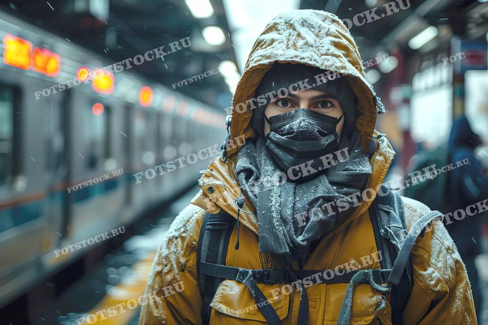 На фотографии изображён человек в желтой куртке, стоящий на платформе метро. На лице у него защитная маска и шарф, голова укрыта капюшоном, а одежда покрыта снегом, что указывает на холодную погоду. 
Эта фотография может быть использована в материалах о зимних путешествиях городским транспортом, в статьях о выживании в экстремальных погодных условиях или как символ современных городских путешествий в период пандемии.