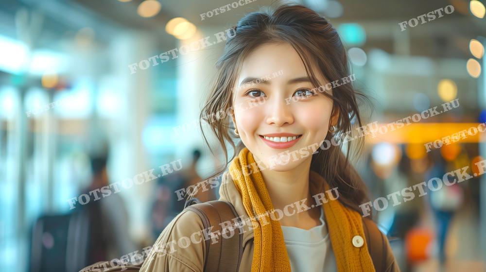 На фотографии изображена улыбающаяся азиатская девушка в аэропорту. Она одета в светлую куртку и шарф, на её плече рюкзак. Фон размытый, с изображением других пассажиров и светящихся огней. Изображение передает атмосферу радостного ожидания перед путешествием.