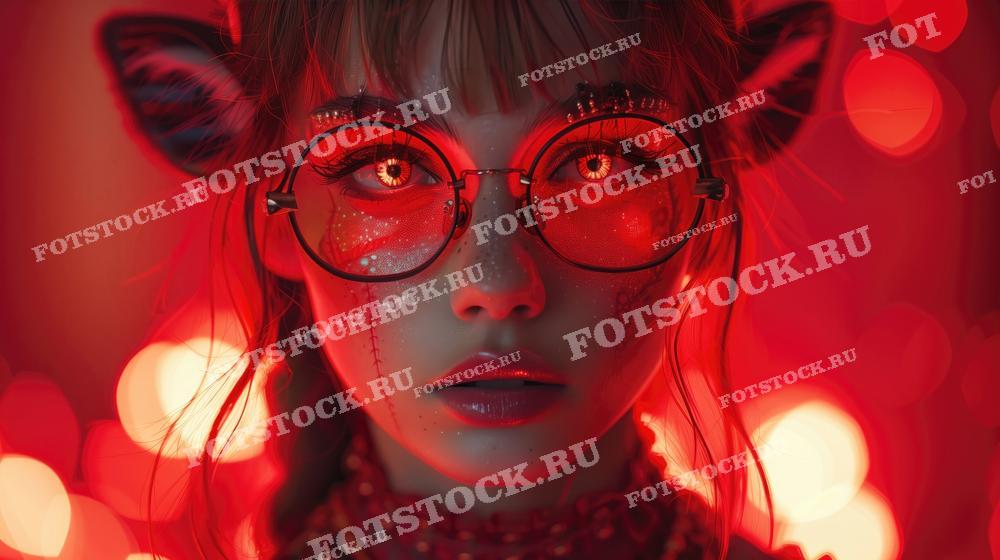 На фотографии изображена женщина с креативным и футуристическим образом, где внимание привлекают её глаза, усиленные эффектом красных очков в стиле "кошачий глаз". Волосы и макияж выполнены в ярких красных тонах, создавая образ напоминающий фантастического персонажа. Это изображение может найти своё применение в рекламных кампаниях тематических вечеринок, фестивалей или костюмированных мероприятий, а также в проектах современного искусства и культурных публикациях, где требуется выразительность и нестандартный подход.