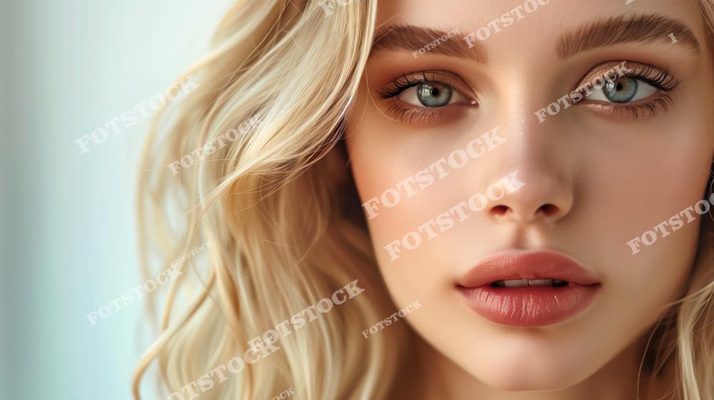 На фотографии изображена молодая женщина с длинными светлыми волосами и выразительными зелеными глазами. Её естественная красота подчёркивается мягким светом и лёгким макияжем. Нейтральный фон акцентирует внимание на её чертах лица.