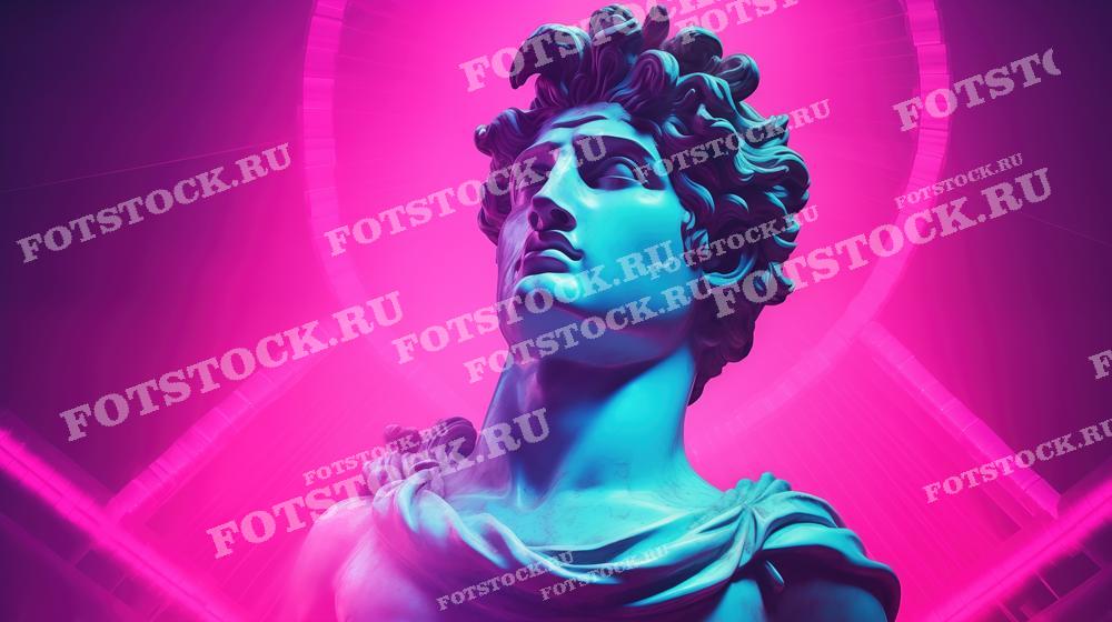 На фотографии изображена статуя мужчны, окрашенная в яркие фиолетовые и розовые тона с динамичным освещением, создающим современное и арт-декоративное настроение. Такая обработка классического искусства может использоваться для иллюстрации статей о современном искусстве, культурных мероприятиях, а также в качестве визуального материала для дизайнерских проектов, где классика сочетается с современными тенденциями.