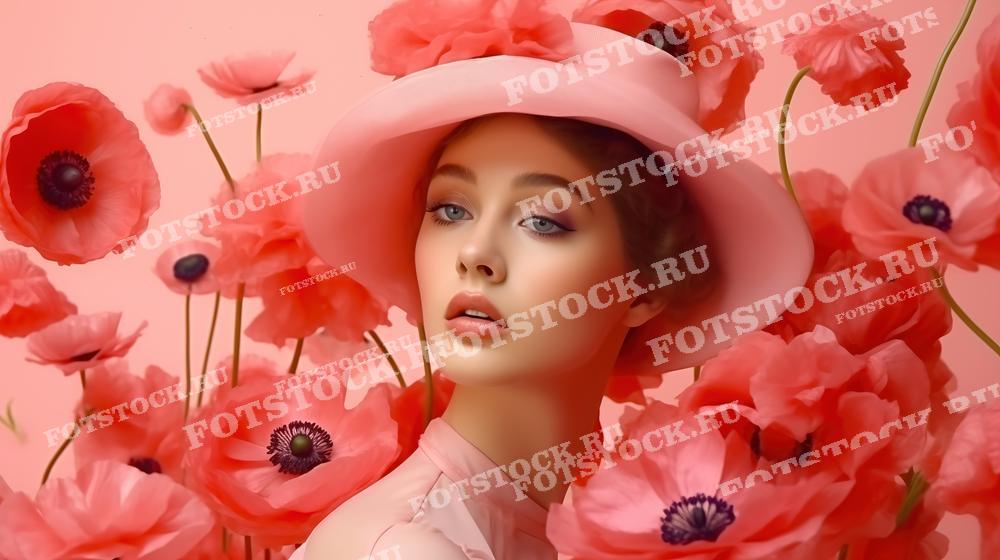 На фотографии изображена молодая женщина в романтическом образе, окруженная красными маками. Она носит широкополую шляпу и платье в тон, на фоне розового оттенка, который подчеркивает нежность и женственность композиции. Это изображение идеально подходит для рекламы весенней или летней коллекции одежды, для журналов о моде и стиле, а также может использоваться в качестве иллюстративного материала в статьях о красоте и женственности.