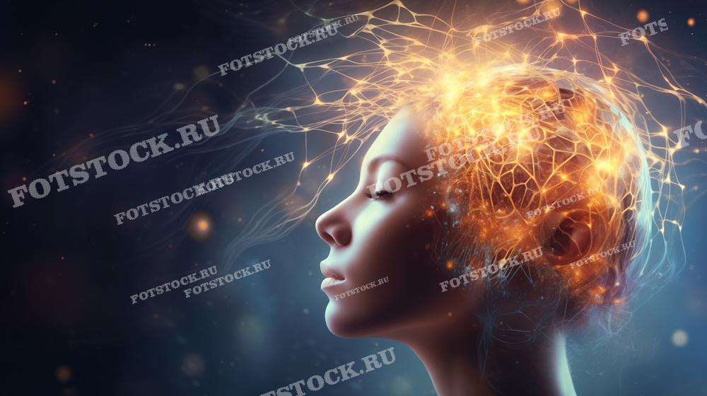 На фотографии изображена женщина, чья голова окружена светящимися нейронными связями, создающими эффект горящего мозга. Эта визуализация символизирует мыслительные процессы, идеи и вдохновение. Фотография может быть использована для иллюстрации тем, связанных с наукой, образованием, технологиями и интеллектуальным развитием.