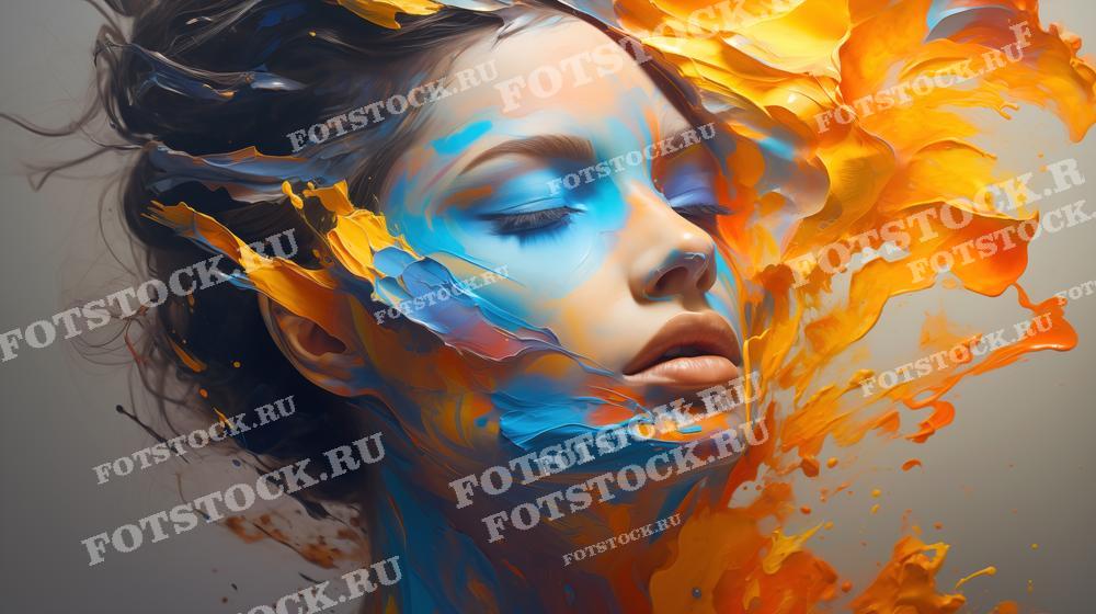 На фотографии изображено лицо женщины, окружённое и частично покрытое яркими, динамичными потоками жидкой краски в оранжевых и синих оттенках. Эффект жидкости создаёт впечатление движения и энергии, а также символизирует творческий процесс или всплеск эмоций. Это изображение может быть использовано в креативных проектах, рекламе косметики или как визуальный элемент в статьях о современном искусстве и дизайне.