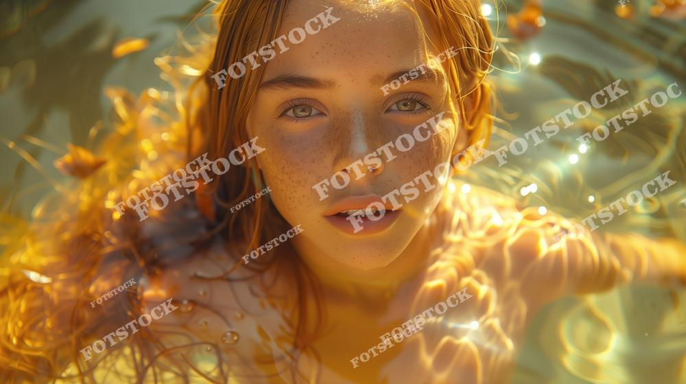 На фотографии изображена девушка с веснушками, находящаяся в воде, освещённой солнечными бликами. Тёплый свет создаёт эффект сияния, подчёркивая естественную красоту и расслабленное настроение. Образ передаёт ощущение единства с природой и гармонии.