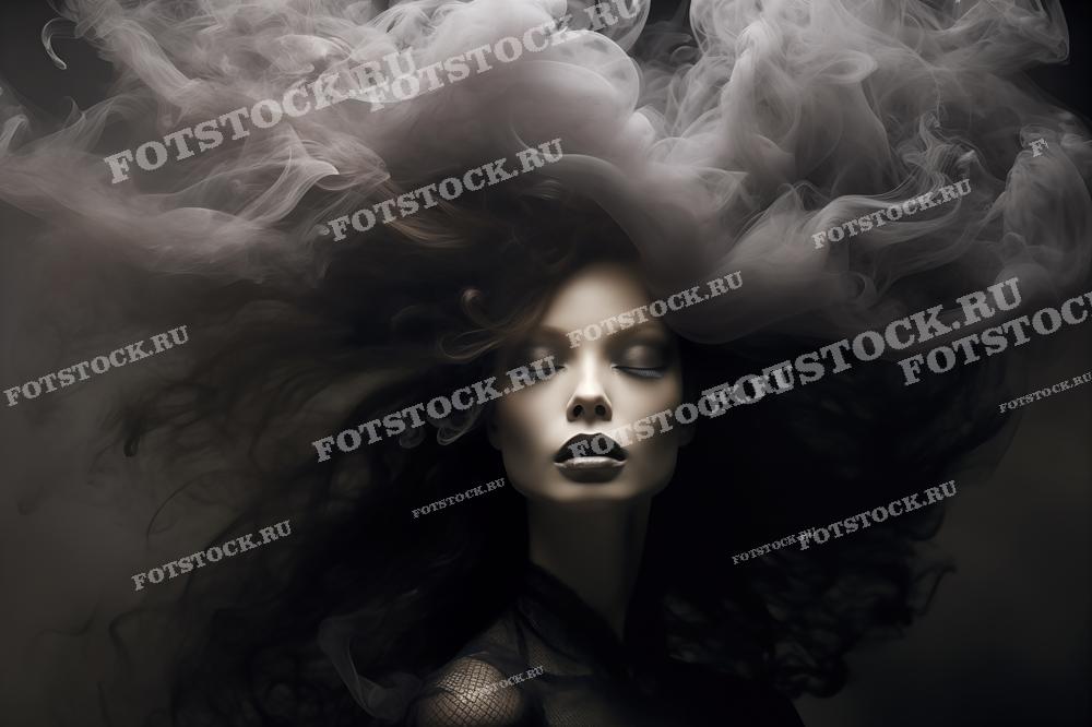 На фотографии изображена женщина с темными, вьющимися волосами, окутанная облаком дыма или пара, создающим мистическую и загадочную атмосферу. Ее закрытые глаза и легкое приоткрытие губ придают образу соблазнительный и таинственный вид. Это изображение отлично подходит для использования в рекламных кампаниях парфюмерии, модных журналах, а также как элемент дизайна в ночных клубах или тематических мероприятиях.
