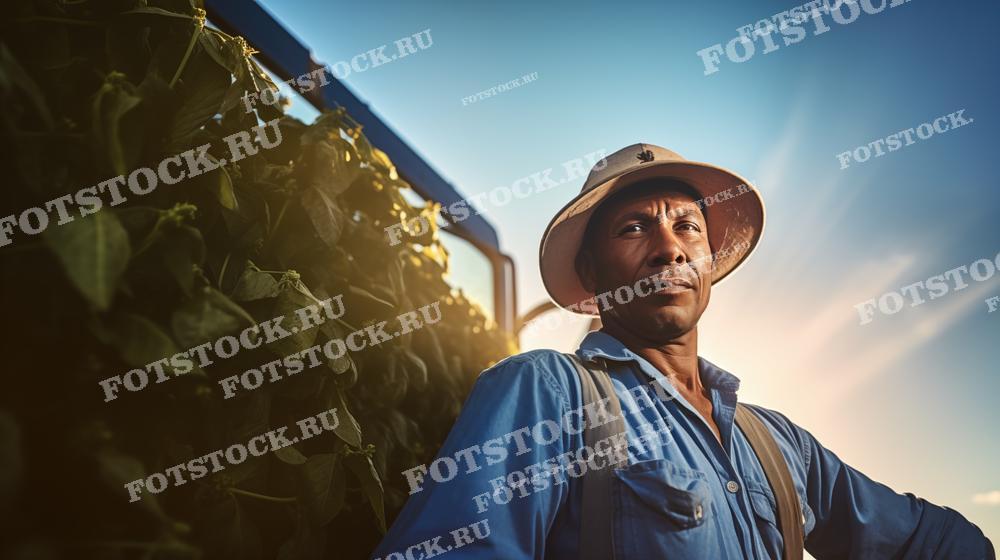 На фотографии изображен фермер в шляпе, стоящий на фоне поля в лучах заходящего солнца. Он одет в голубую рубашку и выглядит сосредоточенным и уверенным. Изображение передает чувство преданности земле и упорного труда.