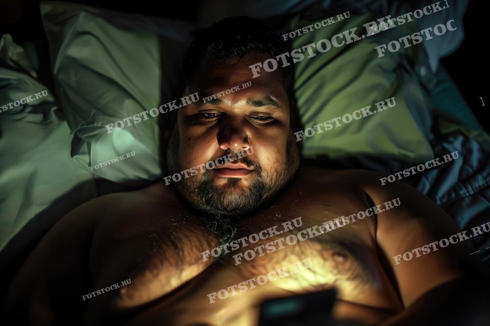 На фотографии изображен мужчина, лежащий в кровати и использующий смартфон в темное время суток. Свет от экрана освещает его лицо, создавая атмосферу спокойствия и ночного уюта. Изображение передает повседневное использование технологий перед сном.