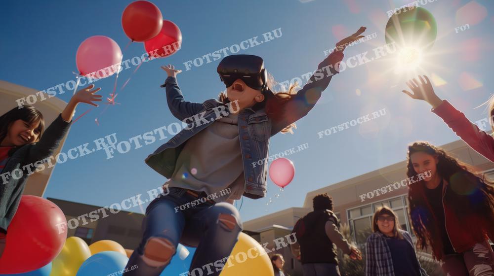 На фотографии изображена девочка в виртуальных очках, прыгающая с радостью на улице среди воздушных шаров. Вокруг нее другие дети, создавая атмосферу веселья и радости от использования современных технологий на свежем воздухе.