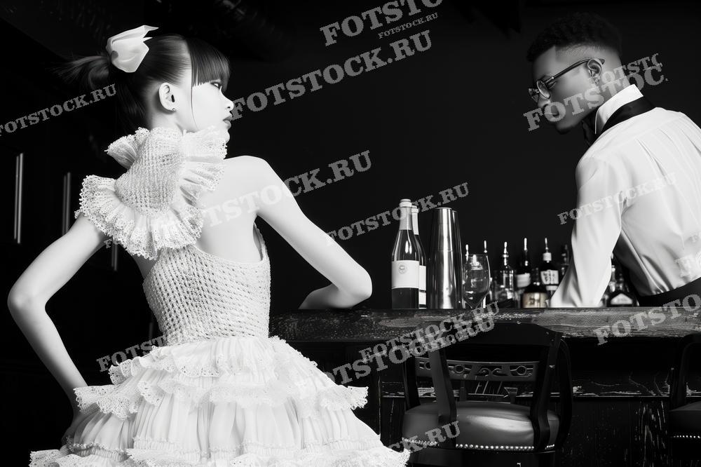 На фотографии в чёрно-белом стиле изображена молодая женщина в изысканном платье, стоящая у барной стойки. Она обращена к бармену, мужчине в белой рубашке, который, кажется, занят подготовкой напитка. Окружение бара наполнено разнообразными бутылками и барными аксессуарами, создавая атмосферу стильного ночного заведения. Это изображение может использоваться для иллюстрации статей о ночной жизни, молодёжной культуре или в рекламе модных событий.