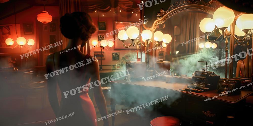 На фотографии изображена женщина, стоящая в великолепно украшенном интерьере, озаренном теплым светом множества ламп. Сцена происходит в роскошно обставленном комнате, возможно, это гримерка или часть богатого дома. В комнате можно заметить зеркала, стильную мебель и антикварные предметы. Мягкий свет и дым добавляют атмосферы загадочности и ретро-стиля. Это изображение идеально подойдет для использования в материалах, связанных с историей моды, театром или кино.