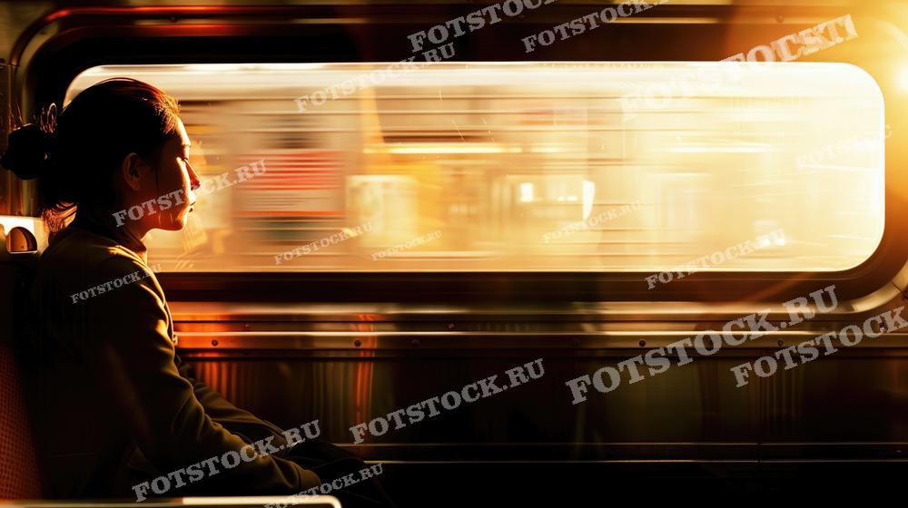 На фотографии изображена женщина, сидящая в поезде метро во время заката. Солнечный свет проникает в вагон, освещая её лицо и создавая атмосферу спокойствия и размышлений. Динамично размытый фон за окном поезда добавляет ощущение движения и скорости. Это изображение может использоваться для иллюстрации статей о путешествиях в городском транспорте, о важности моментов уединения в повседневной суете или как метафора личного пути и размышлений.