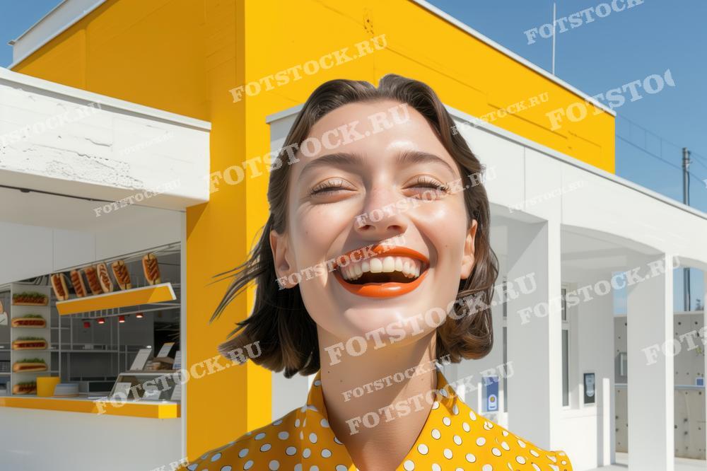 На фотографии изображена молодая женщина с радостной улыбкой на лице, на фоне ярко-желтой стены и белого фасада заведения с едой. Её внешний вид и веселое выражение лица передают ощущение беззаботности и удовольствия. Это изображение может использоваться для рекламы кафе или ресторанов, статей о летних удовольствиях, а также в маркетинговых кампаниях, направленных на привлечение молодежи.