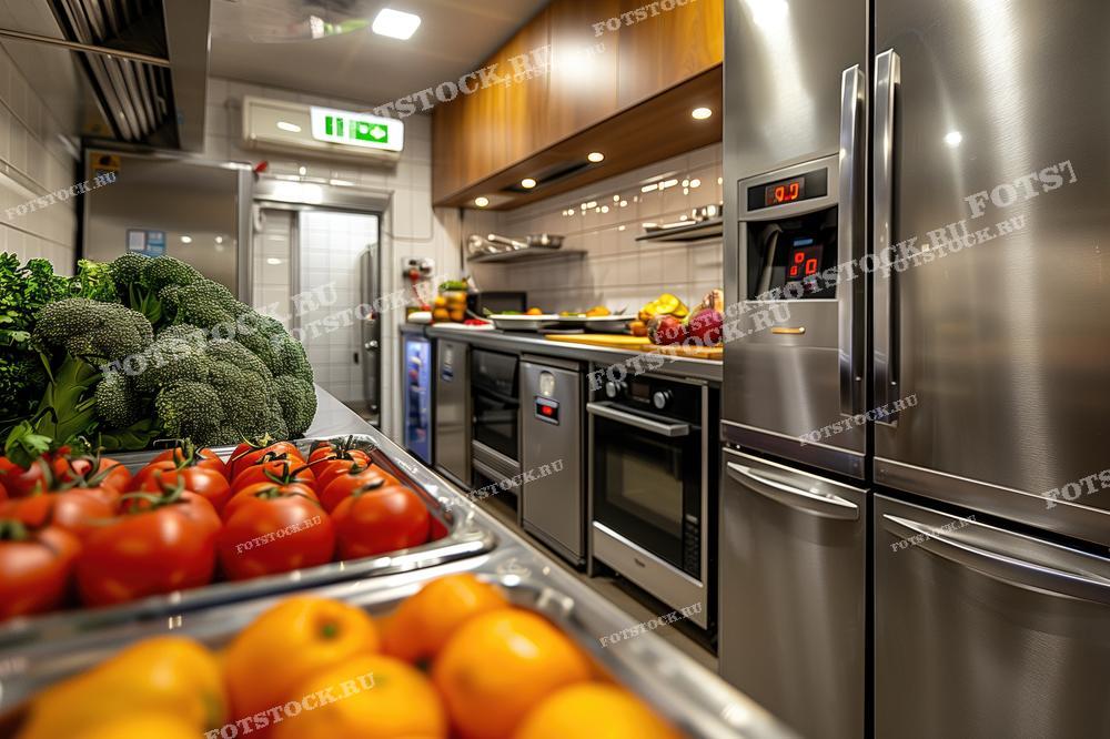 На фотографии изображена профессиональная кухня ресторана, оборудованная современными холодильниками и плитами из нержавеющей стали. На переднем плане стол с свежими помидорами, брокколи и апельсинами, готовыми для приготовления блюд. Это изображение подчеркивает важность использования свежих ингредиентов и качественного оборудования в процессе приготовления пищи.