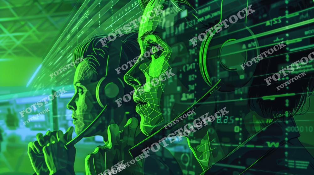 На изображении абстрактные силуэты операторов с гарнитурами, выполненные в зелёных оттенках. На фоне визуализированы цифровые графики и потоки данных, символизирующие технологическую среду. Фотография передает атмосферу высокотехнологичной работы и анализа данных.