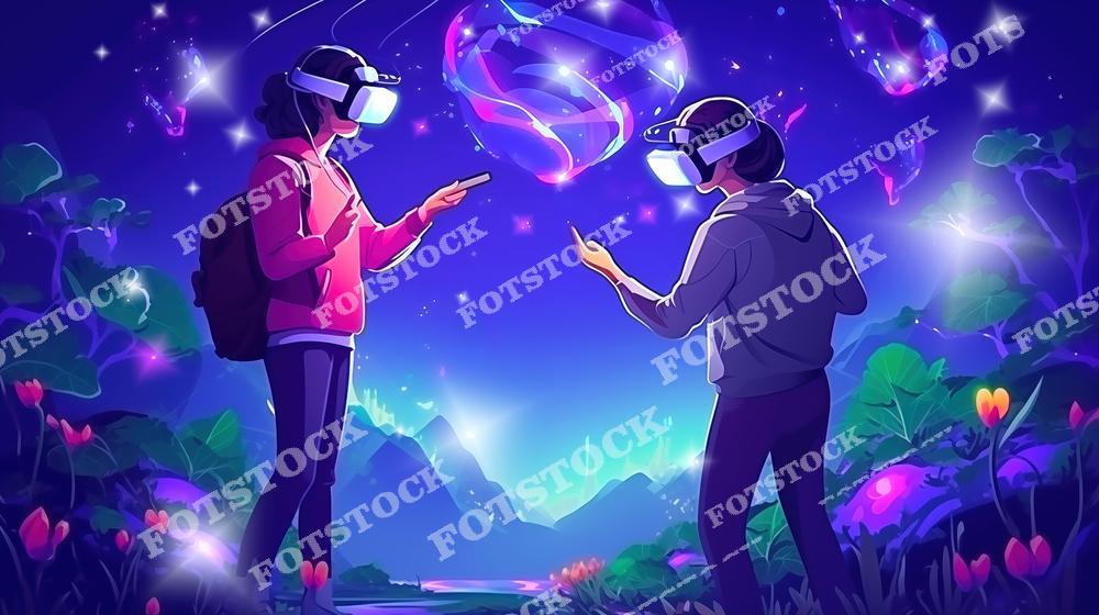 На фотографии изображены два человека в VR-очках, стоящих посреди фантастического мира с яркими цветами и абстрактными элементами. Сцена символизирует виртуальную реальность, погружение в цифровую среду и исследование новых миров. Атмосфера фото подчеркивает сочетание технологий и воображения.