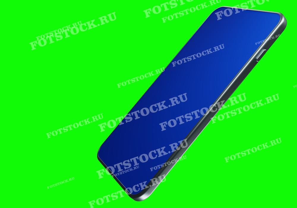 На фотографии изображен современный смартфон с черным корпусом и синим экраном на зеленом фоне. Фотография представляет собой изолированный макет устройства, подходящий для демонстрации приложений или дизайнов.