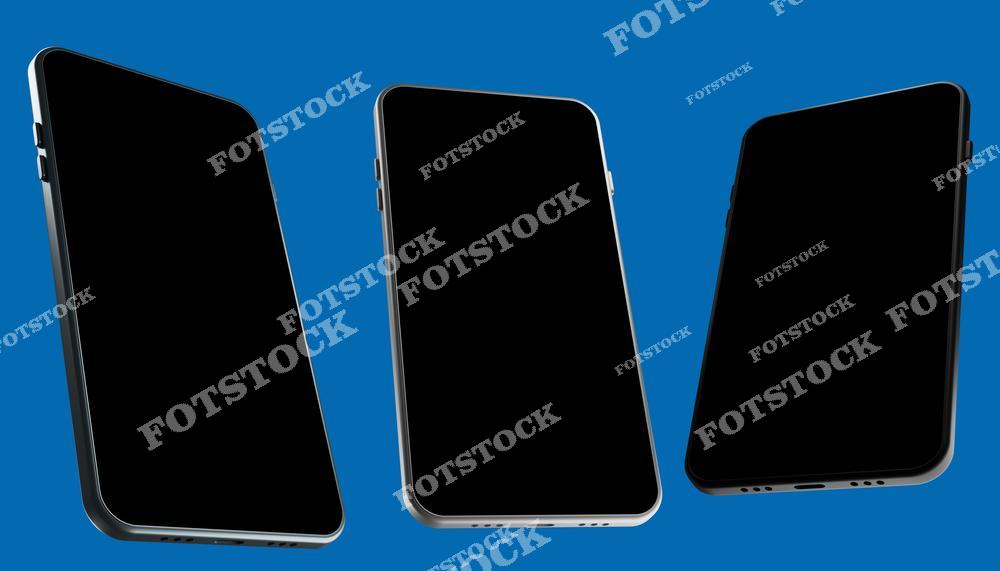 На изображении три смартфона, расположенные в разных ракурсах на синем фоне. Черные экраны устройств подчеркивают их современный и лаконичный дизайн. Фото идеально подходит для демонстрации технологий и мобильных гаджетов.