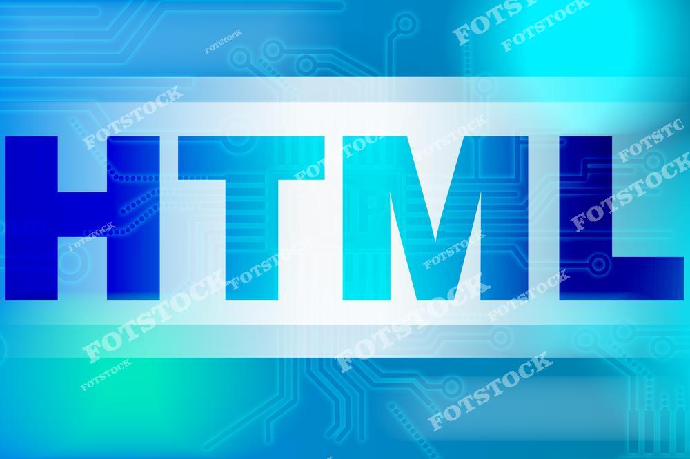 На изображении крупно изображён текст «HTML» на фоне абстрактного технологического узора с элементами схем. Яркие голубые и бирюзовые оттенки подчеркивают современность и цифровой стиль. Фотография иллюстрирует значимость HTML в создании и разработке веб-страниц.