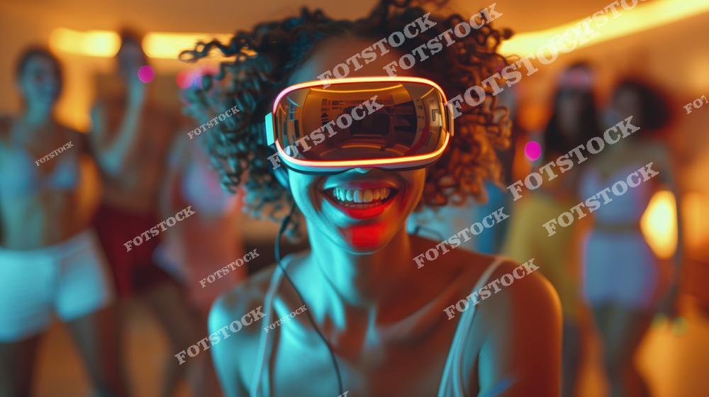 На фотографии изображена девушка в VR-очках, улыбающаяся и погруженная в виртуальную реальность. На заднем плане видна группа людей, создающая атмосферу вечеринки. Изображение символизирует сочетание технологий и социального взаимодействия в сфере развлечений.