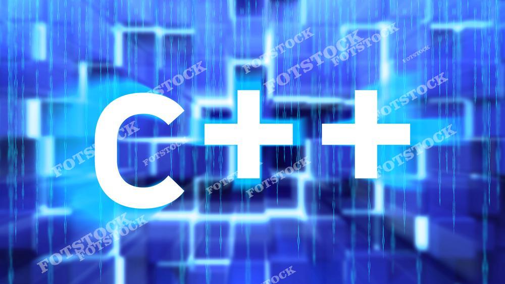 На изображении крупным планом представлен текст «C++» на фоне абстрактного цифрового дизайна с элементами матрицы и графики. Фотография иллюстрирует использование языка программирования C++ в создании приложений и высокопроизводительных систем. Подчёркивается технологичность и современность языка.