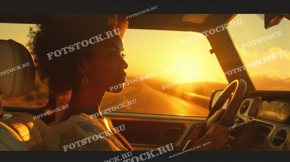 Фотография молодой женщины, управляющей автомобилем на фоне заката. Теплый вечерний свет заполняет салон автомобиля, создавая атмосферу спокойствия и уюта. Изображение передает моменты путешествия и наслаждения дорогой.