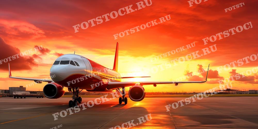 На фотографии изображен пассажирский самолет, стоящий на взлетной полосе в аэропорту на фоне яркого заката. Красные и оранжевые оттенки неба создают драматический и красивый вид. Этот снимок подчеркивает важность авиации и романтику путешествий на самолете.