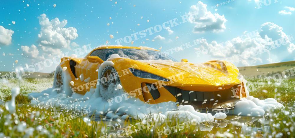 Фотография желтого спортивного автомобиля, покрытого мыльной пеной, на фоне зеленого поля и голубого неба с облаками. Изображение создает яркую и свежую атмосферу летнего дня, передавая процесс мытья автомобиля на природе.